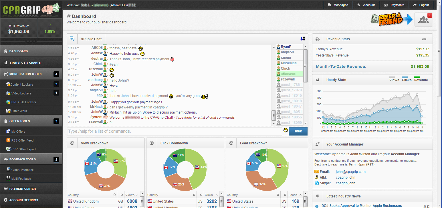 dashboard publisher cpa grip advanced engine